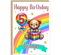Personalised Rainbow Teddy Bear Birthday Card for Children's Birthdays - Add Own Name Any Age For Boys Girls - Adorable Balloon Gift Rainbow Design - A5 Size