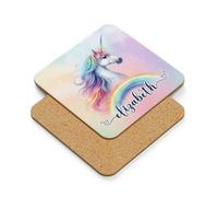 Personalised Rainbow Unicorn Design for Girls, Kids - Gift for Back to School, Birthday & Unicorn Fans, Tableware, Coffee, Tea, Drink Coaster. (Square Shaped Coaster)
