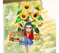 Personalised Reading Book Lover Window Hanging Suncatcher Custom Name Portrait Reading Theme Hanging Ornament Decor Gift For Reader Writer Librarian Teacher Bookworm Birthday Xmas (style 2)
