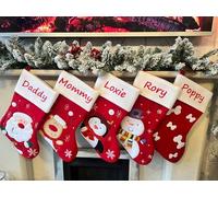 Personalised Red and White Christmas Stocking - Custom Name, Reindeer, Santa, Snowman, Penguin, Cat & Dog Designs, 45x20cm - Perfect Stocking Filler (Penguin)