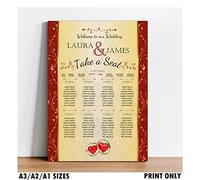 Personalised Red & Gold Wedding Table Seating Plan Names Numbers Poster Print N159 - Print ONLY, Unframed Large A1 A2 A3 Size (A3 Print (29.7cm x 42cm) Unframed)