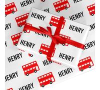 Personalised Red London Bus Name Wrapping Paper - Birthday and Thank You Gift Wrap for Family and Friends - Matte Present Paper Made in the UK - 1 Sheet (594mm x 671mm)