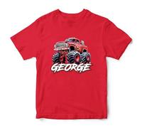 Personalised Red Monster Truck T Shirt Boys Custom Motorsport Kids Tee Off Road Vehicle, 1-2 Years, Red