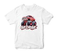 Personalised Red Monster Truck T Shirt Boys Custom Motorsport Kids Tee Off Road Vehicle, 5-6 Years, White