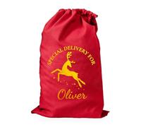 Personalised Red Santa Sack with Name in Metallic Gold, Special Delivery or Merry Christmas, Cotton Christmas Eve Present Sack, Reindeer, XL 75 x 49 cm