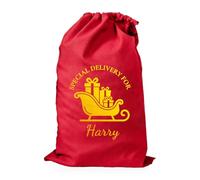 Personalised Red Santa Sack with Name in Metallic Gold, Special Delivery or Merry Christmas, Cotton Christmas Eve Present Sack, Sleigh, Large 50 x 40 cm