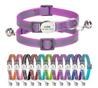 Personalised Reflective Cat Collar with Name Tag,Quick Release Kitten Collars with Bell Safety Buckle, Adjustable Nylon Cat Collar for Cats Kittens UK Prime (19-30 cm, Purple Strip)