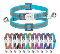 Personalised Reflective Cat Collar with Name Tag,Quick Release Kitten Collars with Bell Safety Buckle, Adjustable Nylon Cat Collar for Cats Kittens UK Prime (19-30 cm, Light Blue Strip)