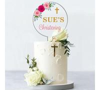 Personalised Religious Cake Topper - Custom Name & Occasion - Christening, Communion or Confirmation - Acrylic Floral Design with Cross - Reusable Printed Cake Decoration (Christening, Pink)