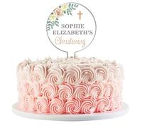 Personalised Religious Cake Topper - Custom Name & Occasion - Christening, Communion or Confirmation - Acrylic Floral Design with Cross - Reusable Printed Cake Decoration (Christening, Cream)