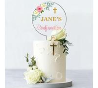 Personalised Religious Cake Topper - Custom Name & Occasion - Christening, Communion or Confirmation - Acrylic Floral Design with Cross - Reusable Printed Cake Decoration (Confirmation, Pink & Cream)