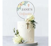 Personalised Religious Cake Topper - Custom Name & Occasion - Christening, Communion or Confirmation - Acrylic Floral Design with Cross - Reusable Printed Cake Decoration (Confirmation, Cream)