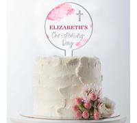 Personalised Religious Cake Topper - Custom Name & Occasion - Christening, Communion or Confirmation - Acrylic Watercolour Design with Cross Cake Decoration (Christening, Pink)