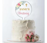Personalised Religious Cake Topper - Custom Name & Occasion - Christening, Communion or Confirmation - Acrylic Floral Design with Cross - Reusable Printed Cake Decoration (Christening, Pink & Cream)