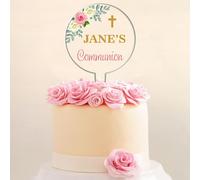 Personalised Religious Cake Topper - Custom Name & Occasion - Christening, Communion or Confirmation - Acrylic Floral Design with Cross - Reusable Printed Cake Decoration (Communion, Pink & Cream)