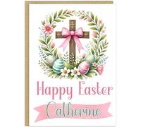 Personalised Religious Easter Cards - He is Risen Christian Blessings Cross Floral Lamb Shepherd Design - Custom Easter Greetings for Family Church Friends (Design 10)