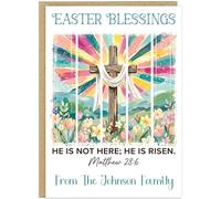 Personalised Religious Easter Cards - He is Risen Christian Blessings Cross Floral Lamb Shepherd Design - Custom Easter Greetings for Family Church Friends (Design 2)