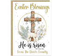 Personalised Religious Easter Cards - He is Risen Christian Blessings Cross Floral Lamb Shepherd Design - Custom Easter Greetings for Family Church Friends (Design 6)