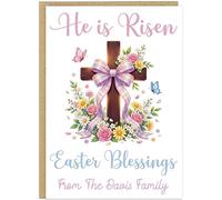 Personalised Religious Easter Cards - He is Risen Christian Blessings Cross Floral Lamb Shepherd Design - Custom Easter Greetings for Family Church Friends (Design 8)