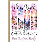Personalised Religious Easter Cards - He is Risen Christian Blessings Cross Floral Lamb Shepherd Design - Custom Easter Greetings for Family Church Friends (Design 9)