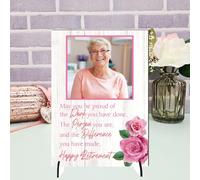 Personalised Retirement Plaque with Custom Photo - "May You Be Proud" Message - Thoughtful Desk or Shelf Gift for Retirees (Pink Roses, Mdf Wood A4 30cm x 21cm)