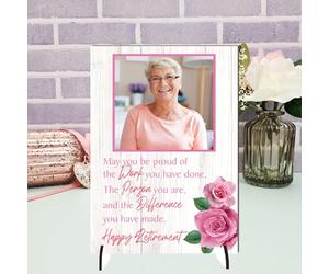 Personalised Retirement Plaque with Custom Photo - "May You Be Proud" Message - Thoughtful Desk or Shelf Gift for Retirees (Pink Roses, Mdf Wood A4 30cm x 21cm)