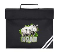 Personalised Rhino Book Bag Jungle Safari Design for Reception Infants Back to School Boys Girls Reading Folder Kids, One Size, Black
