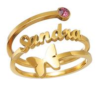 Personalised Rings engraving Name with Butterfly Diamond Ring Twist Adjustable stainless steel Promise Ring for Her Couple Mum Women Men Personalized Jewelry Mother's Day Christmas (Gold)