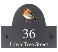 Personalised Robin Bird Motif Natural Stone Slate House Name or House Number Plaque Sign - 25x20cm - Premium Smooth Stone Slate