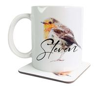 Personalised Robin Mug & Coaster Gift Set, 11 Oz Ceramic Coffee Cup and Wood Drinks Mat, for Nature, Garden & Bird Lovers