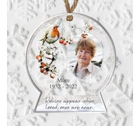 Personalised Robins Memorial Bauble - Custom Photo Name & Dates Remembrance Ornament in Bereavement Keepsake for Lost Loved Ones & Family (Grey)