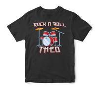 Personalised Rock and Roll Drumset Kids T Shirt Music Drummer Bands Custom Name Boy Girl Tee Top, 5-6 Years, Black