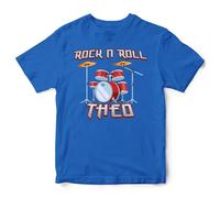 Personalised Rock and Roll Drumset Kids T Shirt Music Drummer Bands Custom Name Boy Girl Tee Top, 9-11 Years, Royal
