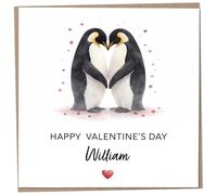 Personalised Romantic Valentines Card for Husband or Wife, Happy Valentine's Day Gift for Boyfriend or Girlfriend, Contemporary Watercolour Design featuring Cute Penguins, Custom Name and Message