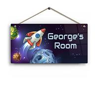 Personalised Room Sign with Childs Name - Space Rocket Theme. Gloss Metal Wall Art. Baby, Toddler, Infant Bedroom.