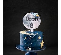 Personalised round 10cm Acrylic cake topper letters sticker sheets love heart fashion, jungle dinosaurs, woodland fox, best mum rocket space leopard pattern disco (Moon with rocket)