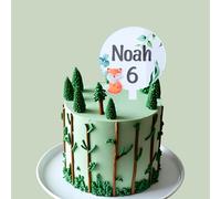 Personalised round 10cm Acrylic cake topper letters sticker sheets love heart fashion, jungle dinosaurs, woodland fox, best mum rocket space leopard pattern disco (Woodland fox)
