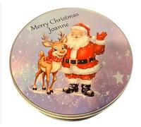 Personalised Round Christmas Scene Tin, For Sweets, Biscuits, Jewellery, Keepsake. Any name can be added. Supplied empty ready to fill. Size 15cm x 5cm.