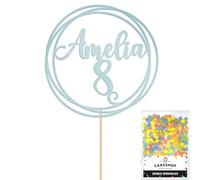 Personalised Round Happy Birthday Glitter Cake Topper - Light Blue Any Custom Age & Name Glitter Cake Decoration and Sprinkles - Happy Birthday Decorations - Personalised Toppers for Cakes by Cakeshop