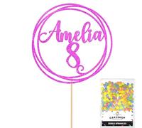 Personalised Round Happy Birthday Glitter Cake Topper - Pink Any Custom Age & Name Glitter Cake Decoration and Sprinkles - Happy Birthday Decorations - Personalised Toppers for Cakes by Cakeshop