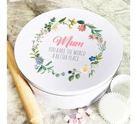 Personalised Round Mum Bake The World A Better Place Baking Treats Cake Tin Personalised Gift | Custom Gift | Personalized Tin | Cake, Biscuit & Treat Tins | Gift For Her | Gift For Him