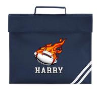 Personalised Rugby Book Bag for Boys with Fire Ball Flame Design Custom Name School Folder Reading Nursery Infant Gift, One Size, Navy
