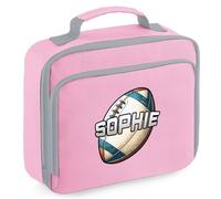 Personalised Rugby Lunch Bag for Kids Boys Girls Custom Name Infants Primary New Term Back to School Nursery Gift, 24cm x 20cm x 8cm, Light Pink