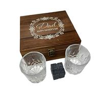 Personalised Rustic Wooden Whisky Stones Gift Set, 2 x Whisky Glasses, Whisky Rocks Chilling Stones in Handmade Wooden Box - Engraved Gift For Dad, Christmas, Best Man, Unique Mens Gift