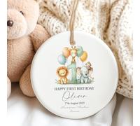 Personalised Safari Animals First Birthday Ornament, 7.5cm Decorative Keepsake, Custom Name Baby Milestone Commemorative Display Piece (Green)