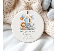 Personalised Safari Animals First Birthday Ornament, 7.5cm Decorative Keepsake, Custom Name Baby Milestone Commemorative Display Piece (Blue)