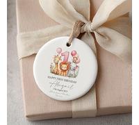 Personalised Safari Animals First Birthday Ornament, 7.5cm Decorative Keepsake, Custom Name Baby Milestone Commemorative Display Piece (Pink)