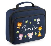 Personalised Safari Animals Kids Lunch Bag Custom Wildlife Ensemble Lunchbox for Back to Nursery School, 24cm x 20cm x 8cm, Navy