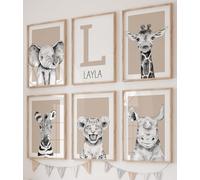 Personalised Safari Animals Set of 6 Unframed Poster Prints For Boy Girl Nursery Bedroom, Personalise Name, 5 Colour Combinations, Neutral Safari Theme Wall Art, Beige Blue Sage Blush Grey (A3)