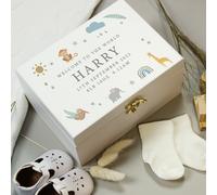Personalised Safari Animals White Wooden Keepsake Box Baby Christening